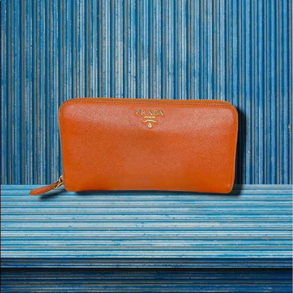 Prada Papaya Saffiano Leather & Gold Logo Long Zip-around  Wallet Fall color 103 - Picture 2 of 7